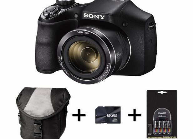 Picsio Sony DSC-H300 Digital Camera - Black   8GB Memory Card   4 AA Batteries and Charger (20.1MP, 35x Optical Zoom) 3 inch LCD
