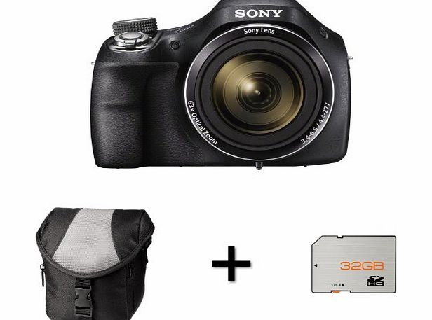 Picsio Sony DSCH400 Digital Camera - Black   Case and 32GB Memory Card (20.1MP, 63x Optical Zoom) 3 inch LCD