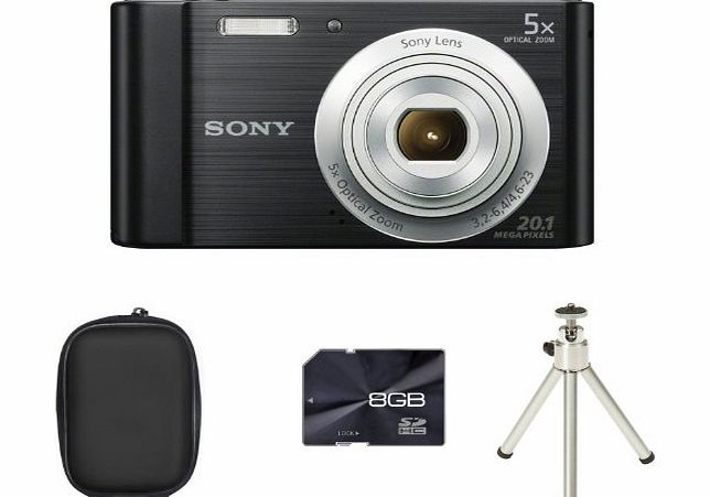 Picsio Sony DSCW800 Digital Camera - Black   Case   8GB Card   Tripod (20.1MP, 5x Optical Zoom) 2.7 inch LCD