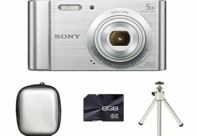 Picsio Sony DSCW800 Digital Camera - Silver   Case   8GB Card   Tripod (20.1MP, 5x Optical Zoom) 2.7 inch LCD