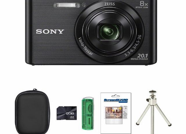 Picsio Sony DSCW830 Digital Camera - Black   Case   8GB Card   Multi Card Reader   Screen Protector and Tripod (20.1MP, 8x Optical Zoom) 2.7 inch LCD