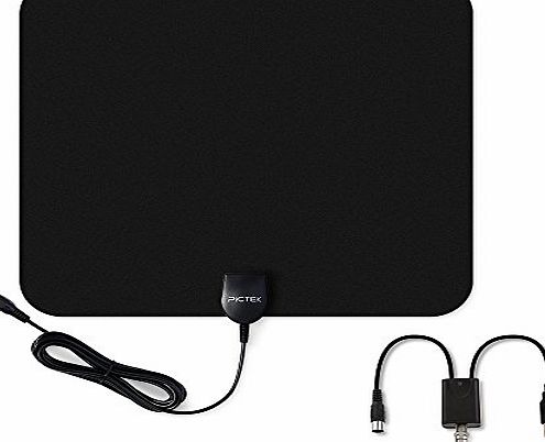 Pictek Indoor TV Aerial, Pictek Amplified Indoor Digital, HD TV Antenna 50 Mile Range Super Thin TV Aerial with Detachable Amplifier Signal Booster 10 feet Long Cable - Black
