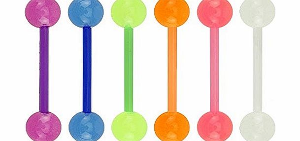 PiercedOff Set of 6 Assorted Colour BioFlex Glow in the Dark Tongue Bar Studs 14GA (1.6 x 1.6mm)
