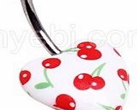 Piercing Boutique Surgical Steel Belly Bar with Acrylic Print Hearts 14 gauge (1.6mm Thickness) x 10mm Bar Length One Piece White with Red Cherries