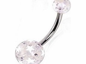 Piercing Boutique Surgical Steel Belly Bar with Clear Acrylic Star Print Balls. 1.6mm (14 gauge) x 10mm Bar Length White stars (Also available in Black stars)
