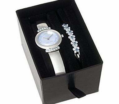 Ladies White Leather Strap Stainless Steel Designer Watch amp; Crystal Bracelet Gift Se