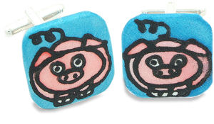 Pig Handpainted Silk Cufflinks