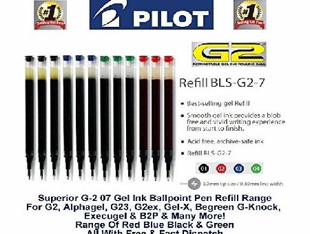 Pilot Pen G207 Assorted Colour Pack Gel Ink Refill Replacement Spare For G2, AlphaGel, G23, G2ex, Gel-X, Begreen G-Knock, ExecuGel amp; B2P Ballpoint Pens BLS-G2-7 (1 Of Each Colour - 4 Refills - Bla