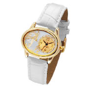 Gold Oval Case White Strap Watch