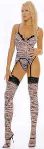 Pink Piranha 3 Piece Zebra Print Soft Cup Cami Garter Top G-String And Stockings- One Size- Zebra