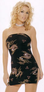 Slinky Tube Dress With Golden Dragon Print- Black- One Size