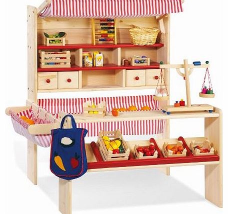 Pinolino Lucy Wooden Play Shop / Market Stall / Supermarket with Awning (Red, White, Natural Birch)