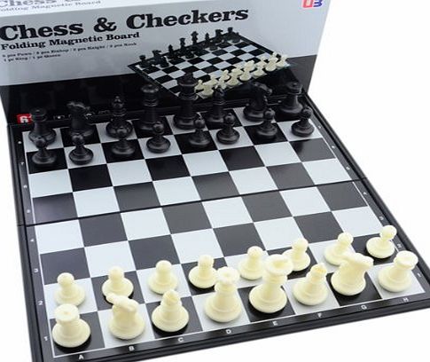 Pixnor Portable 2-in-1 Chess amp; Checkers Set with Folding Magnetic Board - Size Medium (Black amp; White)