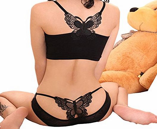 Pixnor Sexy Panties Jacquard Silk Hollow Embroidery Butterfly Women Lace T-back Lingerie G-string  Vest Bra Set