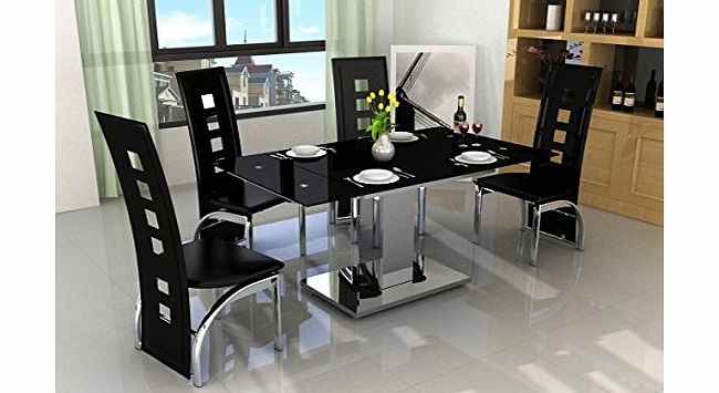 PKL Leisure Black Glass 4 Seat Extendable Dining Room Table amp; Black Chairs Set
