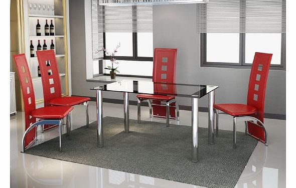 New Modern Black & Clear Glass with Chrome 4 Seat Dining Table & Red Chairs Set