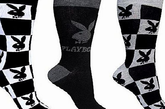 Playboy Mens Monochrome Black amp; White Playboy Bunny Socks (3 Pair Pack) (Checkered Playboy)