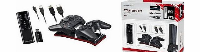 4-in-1 Starter Kit including Media Remote Control, HDMI Cable, Dual Power Station and USB Charging Cable Compatible with Playstation 3 - Black