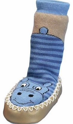 Boys Slipper Moccasin House Shoes Hippo Ankle Socks Blue Size 9-11.5