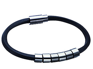Black Leather Weave and Stainless Steel Bracelet with Moving Bands 019825