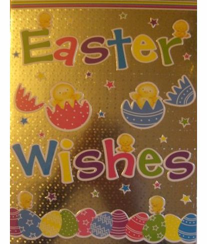 EASTER CARD SILVER FOILED - EASTER WISHES - EASTER EGGS & BABY CHICKENS