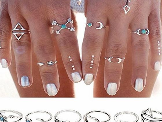 Poshzone 6PCS Fashion Vintage Silver Turkish Beach Punk Arrow Moon Turquoise Joint Knuckle Nail Midi Ring Set