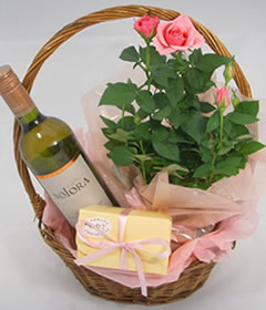 Potted Rose Basket Gift & White Wine