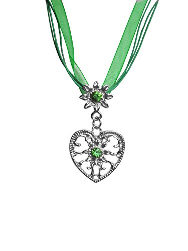 Power of Parfumes Motive 5 Green Heart Pendant Necklace Costume Jewellery with Green Rhinestones for Dirndl