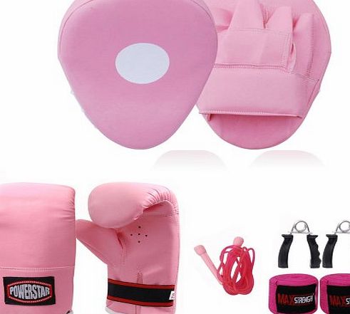 POWERSTAR  Pink 5Pcs focus and boxing bag mitts hook and jab pads ladies boxercie kit puching equipment for womens