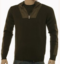 Prada Dark Green Ribbed Wool 1/4 Zip Sweater With Nylon Hood & Trim