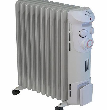 Prem-I-Air White 2.5kW 11 Fin Oil Filled Radiator With Adjustable Thermostat, 3 Heat Settings amp; 24 Hour Timer