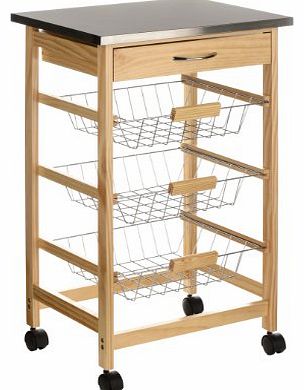 Premier Housewares Pinewood Kitchen Trolley with Stainless Steel Top