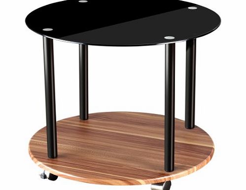 Premier Housewares Round Side Table 2 Tier with Walnut Veneer Base/Black Glass Top/Wheels - 45 x 50 x 50 cm