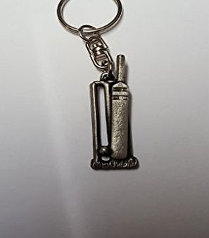 prideindetails Cricket Bat And Stumps DK15 made of fine English Pewter on a split ring keyring