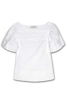 White short sleeve cotton blouse with pleated panel across shoulders.