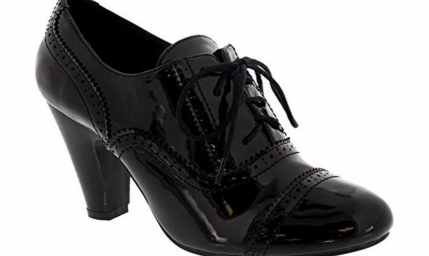 Project Womens Mary Jane Brogue Lace Up Ankle Boot Cuban Heels Work Office Shoes - Black Pat - 6