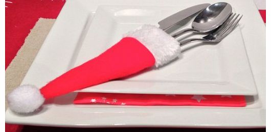 CHRISTMAS SANTA HAT CUTLERY HOLDERS / TABLE PLACE DECORATION SET OF 6