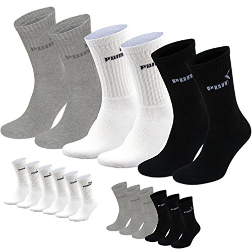 Puma Sports Socks - Unisex Crew 6P Pack Adult - Six Pair Packs Of Plain/Mix Grey/White/Black UK Size 9-11