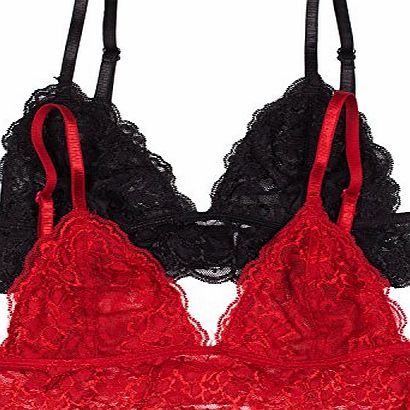 Punkiss 2 PACK: Floral Lace Lined Triangle Bra Bralette Top Bustier (M/L, Black Red)