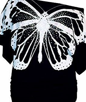 Pure Fashion Womens Ladies Celeb Sequin Butterfly Print Off Shoulder Batwing Side Ruched Top /COLOR: BLACK /SIZE: M-L