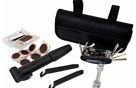Bicycle All-in-one Tool Kit with Attachable Carry Bag Case with 18 function folding multi-tool, hexagon keys, square drive sockets, wrench, square drive blade, screwdrivers, hex. Adaptor,