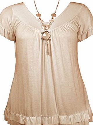 PURL Womens Plus Size Frill Necklace Gypsy Ladies Tunic Short Sleeve Long V Neck Tops (18, Beige)