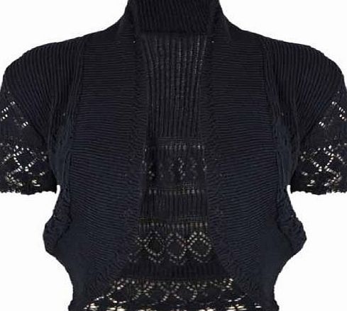 Purple Hanger Ladies New Open Knitted Shrug Bolero Womens Crochet Short Sleeve Cropped Cardigan Top Black Size 14 - 16