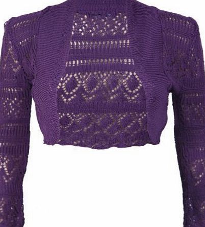New Ladies Long Sleeve Crochet Bolero Shrug Top Womens Plain Cropped Knitted Open Cardigan Tops Purple Size 12 14