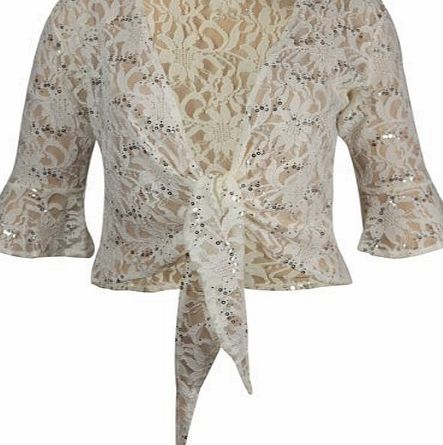 New Womens Floral Lace 3/4 Three Quarter Short Sleeve Ladies Front Tie Up Sequin Shrug Bolero Stretch Cropped Top Cardigan Plus Size Purple Size 20 - 22