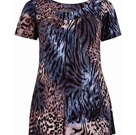 Purple Hanger Womens Animal Leopard Print Ladies Short Sleeve Stretch Round Scoop Neckline Ruched Gathered Smock Top Plus Size Teal 16