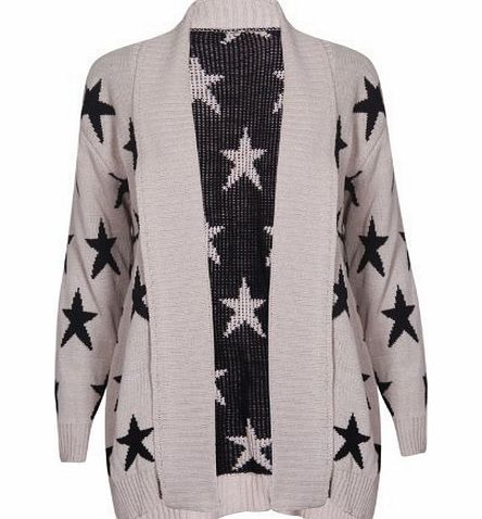 Womens Cross Star Skull Owl Printed Ladies Long Sleeve Front Open No Fastening Knitted Sweater Cardigan Top Stone Star Size 12 - 14