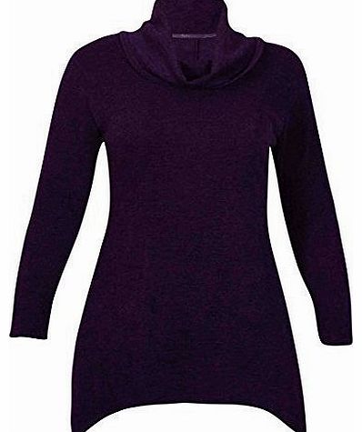 Womens Full Long Sleeve Ladies Stretch Cowl Neck Uneven Hem Knitted Sweatshirt Jumper Top Plus Size Purple 18-20