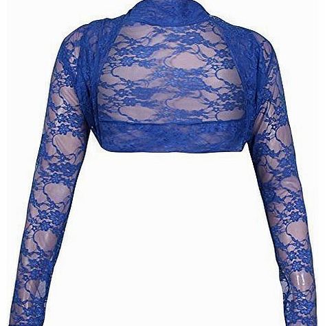 Womens Full Long Sleeve Ladies Stretch Floral Lace Bolero Shrug Cropped Cardigan Top Plus Size Royal Blue 14-16 (XL)