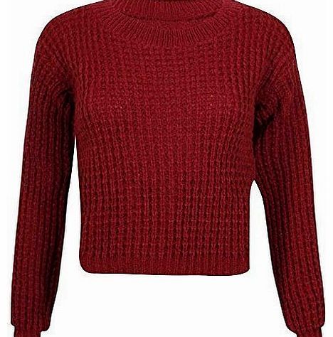 Womens Long Sleeve Ladies Round Crew Neck Chunky Knitted Cropped Jumper Pullover Sweater Plain Top Burgundy 12-14